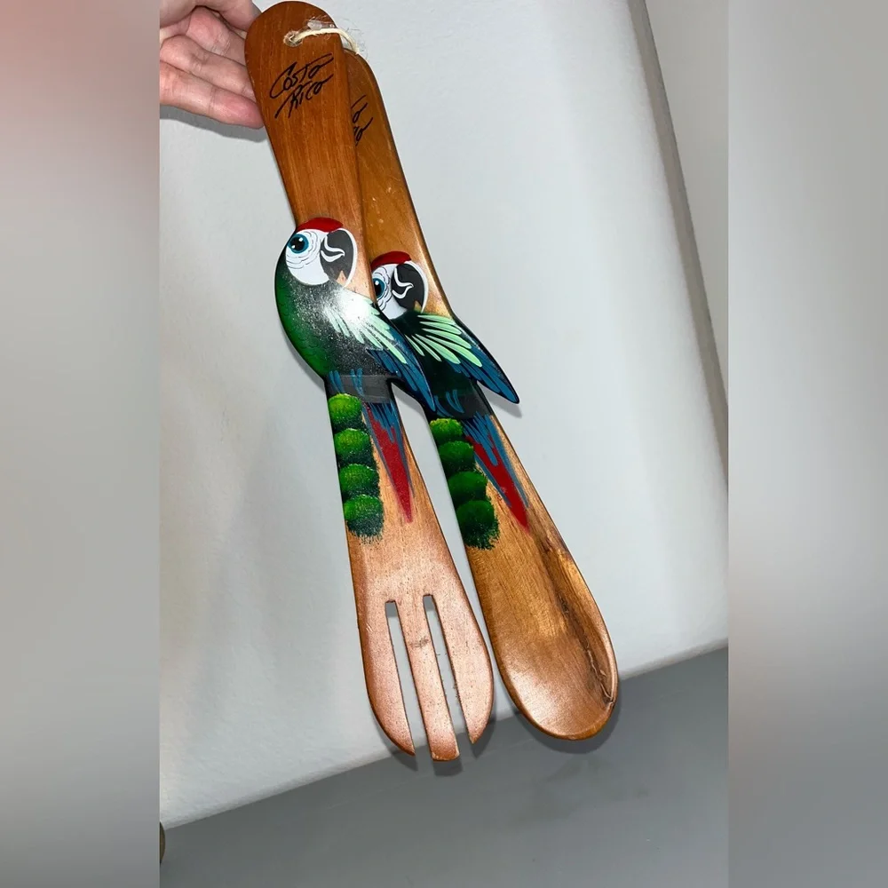 Costa Rica New Spoon Fork Wooden Set Handpainted Exotic Parrot Tropical Folk Art